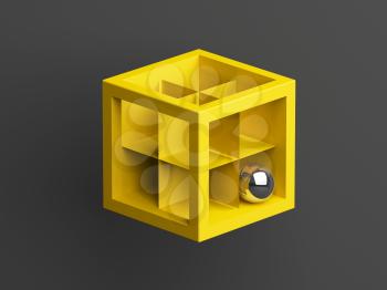 Abstract still life installation, yellow cube puzzle with metal ball. 3d rendering illustration