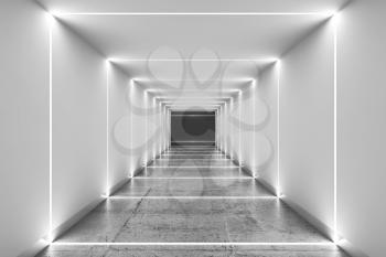 Abstract minimal interior background. Long tunnel with polished concrete floor, white matte walls and LED stripes illumination, 3d rendering illustration