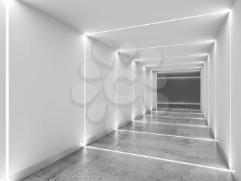 White tunnel with polished concrete floor, matte walls and LED stripes illumination. Abstract minimal interior background. 3d rendering illustration