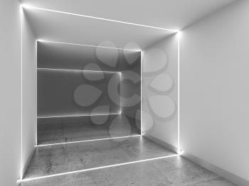 Abstract interior background with concrete floor, white walls and LED stripes illumination, 3d rendering illustration