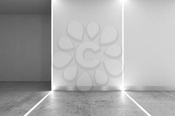 Abstract interior background with polished concrete floor, corner of white matte wall and LED stripes illumination, 3d rendering illustration