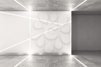 Abstract interior background with polished concrete ceiling and floor, corner of white matte wall and LED stripes illumination, 3d rendering illustration