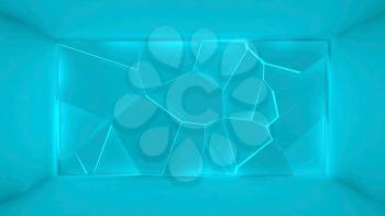 Abstract bright blue interior with polygonal relief lighting panel on the wall, 3d rendering illustration