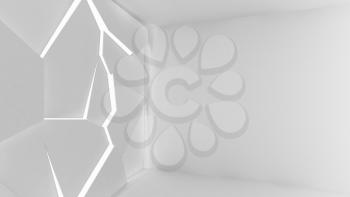 Abstract white empty room interior with polygonal lighting panel on the wall, 3d rendering illustration