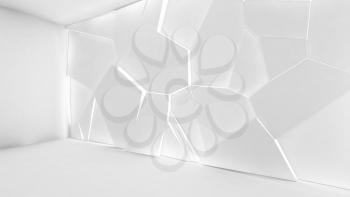 Abstract empty white interior with polygonal relief lighting panel on the wall, 3d rendering illustration