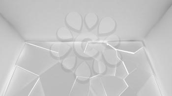 Abstract white interior fragment with polygonal relief lighting panel on the wall, 3d rendering illustration