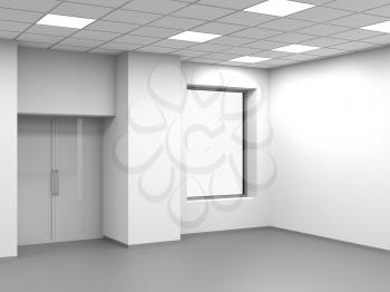 Abstract empty open space office interior, fragment with entrance door and blank white window, 3d rendering illustration