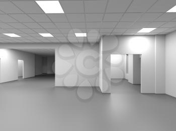 An empty open space office with white walls and sections. Abstract blank interior background, 3d rendering illustration