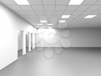 An empty office room with white walls and blank doorways. Abstract cg interior background, 3d rendering illustration