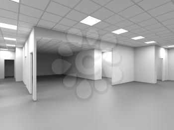 An empty open space office with white walls. Abstract blank interior background, 3d rendering illustration