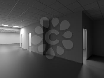 Dark empty office interior, cg background, 3d rendering illustration