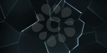 Abstract dark cg background texture, polygonal fragmented pattern with blue neon illumination, front view, 3d rendering illustration