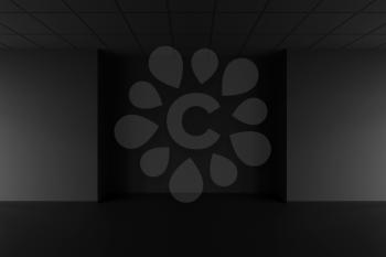 Dark empty office, night interior background, 3d rendering illustration