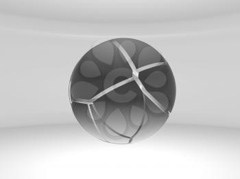 Abstract white flying sphere with chaotic fragmentation is in an empty white room, 3d rendering illustration