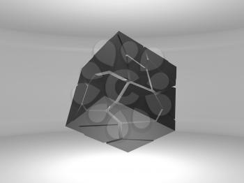 Abstract flying cube object with chaotic fragmentation is in an empty white room, 3d rendering illustration