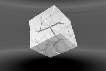 Abstract white flying cube with chaotic fragmentation is in an empty gray room, 3d rendering illustration
