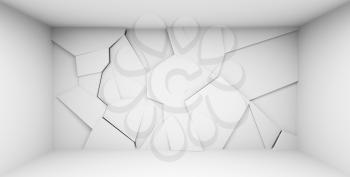 Abstract white empty interior with polygonal relief panel on the front wall, 3d rendering illustration