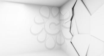 Abstract white empty room interior with polygonal decoration panel on the wall, 3d rendering illustration