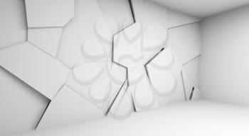 Abstract white empty room interior design with polygonal decoration panel on the left wall, 3d rendering illustration