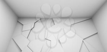 Abstract white empty interior fragment with polygonal relief panel on the wall, 3d rendering illustration