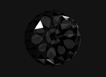 Shiny black spherical triangulated crystal object isolated over dark gray background, 3d rendering illustration