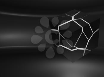 Flying cube object with chaotic fragmentation is in an empty black room interior, abstract 3d rendering illustration