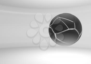 Abstract black flying sphere with chaotic fragmentation is in an empty white room, 3d rendering illustration