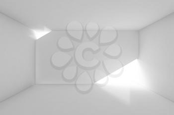 Abstract empty white interior with illuminated front wall installation, minimal architectural background, 3d rendering illustration