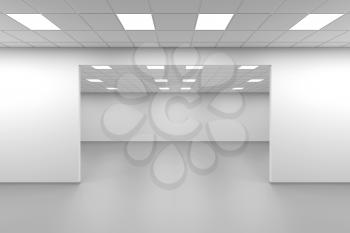 Wide open space hall, an empty symmetrical office interior background, 3d rendering illustration