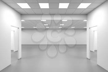 Wide open space hall, an empty symmetrical office interior background, 3d rendering illustration