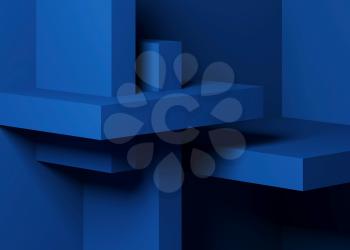 Abstract minimal architectural background with classic blue boxes installation. 3d render illustration