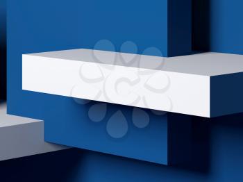 Abstract minimal background with white and classic blue boxes installation. 3d render illustration