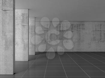 Abstract empty concrete room interior with columns and black floor tiling, 3d rendering illustration