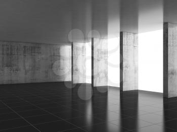 Abstract empty concrete room interior with columns and black floor tiling near light window, 3d rendering illustration