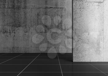 Abstract empty concrete interior with black floor tiling, minimal architectural background, 3d rendering illustration