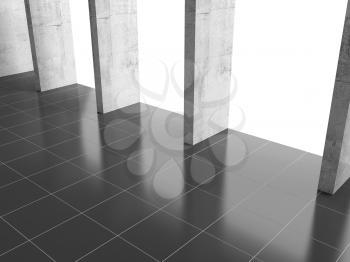 Abstract empty room interior with columns near light window and black floor tiling, minimal architectural background, 3d rendering illustration