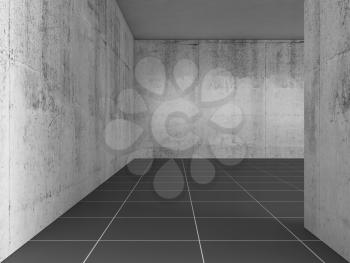 Abstract empty concrete room interior with black floor tiling, minimal architectural background, 3d rendering illustration