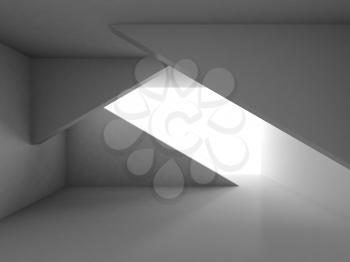 Empty white abstract interior with geometric installation and glowing window, minimal architectural background, 3d rendering illustration