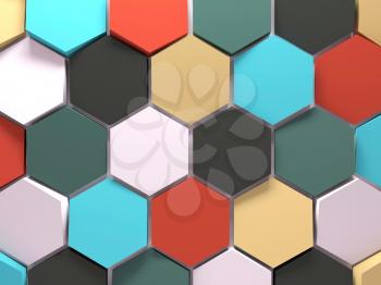 Abstract colorful background pattern with honeycomb blocks, front view. 3d render illustration