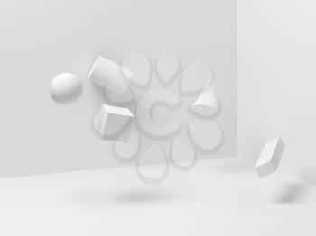 Abstract white still life installation with levitating primitive geometric shapes. Zero gravity illustration, 3d rendering 