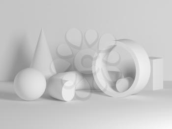 Abstract classic still life installation with white geometric primitives. 3d rendering illustration