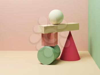 Abstract equilibrium still life installation of colorful primitive geometric shapes. 3d rendering illustration