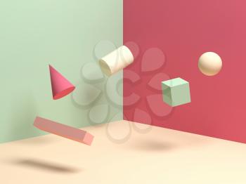 Abstract colorful still life installation with levitating primitive geometric shapes. Zero gravity illustration, 3d rendering 