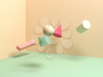 Abstract colorful illustration with levitating primitive geometric shapes. Zero gravity, 3d rendering 
