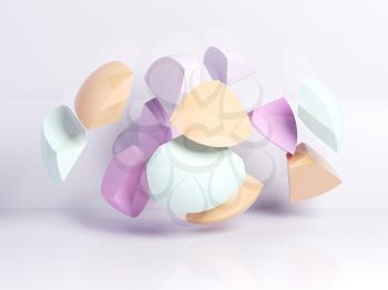 Abstract cg background with colorful fragments of broken sphere in white empty interior, 3d rendering illustration