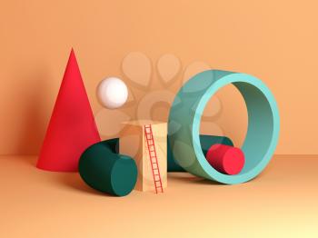 Abstract colorful still life installation, primitive geometric shapes. 3d rendering illustration