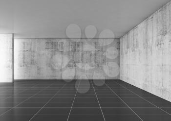 Abstract empty interior with concrete walls and black floor tiling, minimal architectural background, 3d rendering illustration