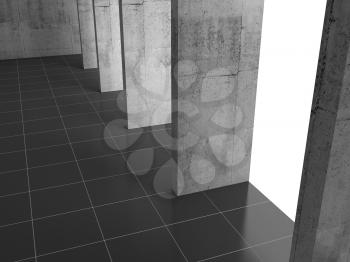 Abstract concrete interior background with columns and black floor tiling near light window, 3d rendering illustration