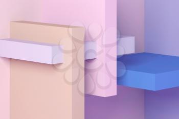 Abstract background with geometric installation of colorful intersected boxes. 3d rendering illustration