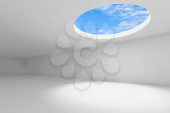 Abstract empty white interior background, showroom with round ceiling light window. 3d rendering illustration